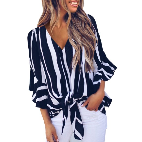 ONLYSHE Women's Loose Striped Blouse Shirts 3/4 Bell Sleeve V Neck Tie Front Knot Summer Pullover Tops