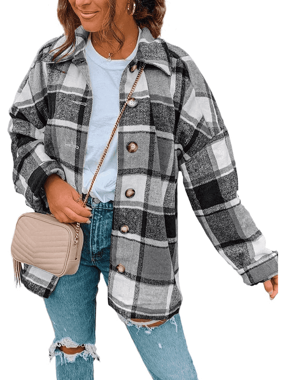 Women Shacket Jacket Blouse with Pockets Flannel Plaid Top Shirt Coat Lapel Long Sleeve Tartan Outerwear
