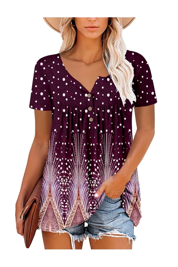 Women's Plus Size Tops Short Sleeve T Shirts Flowy Pleated Tunic Causal Summer Tee Blouses
