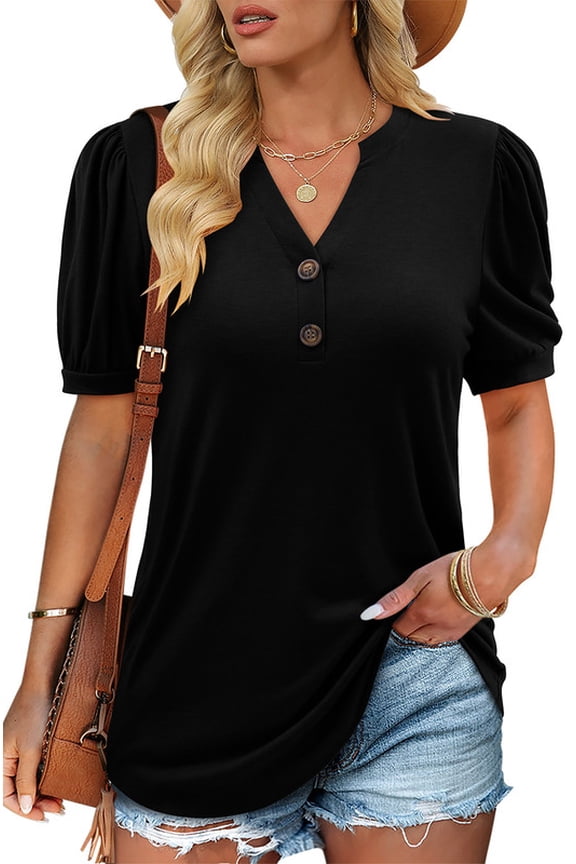 Women's Puff Short Sleeve V Neck Summer Tunic Tops Loose Fit Blouse T Shirt