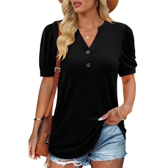 ONLYSHE Women's Puff Short Sleeve V Neck Summer Tunic Tops Loose Fit Blouse T Shirt