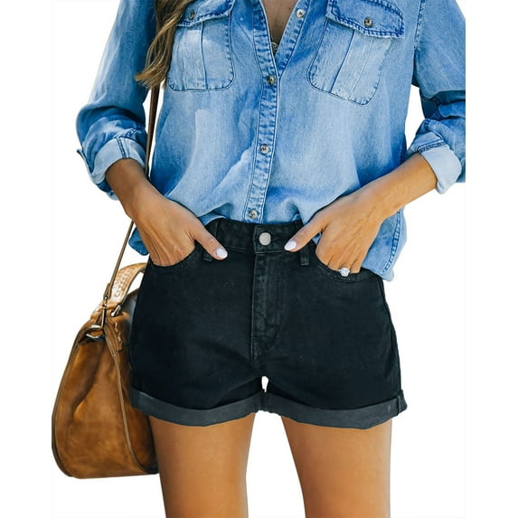 ONLYSHE Women's Ripped High Waisted Denim Shorts Stretchy Cuffed Hem Jean Shorts Black S-2XL
