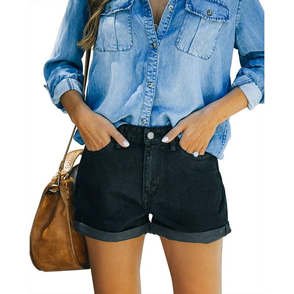 ONLYSHE Women's Ripped High Waisted Denim Shorts Stretchy Cuffed Hem Jean Shorts Black S-2XL