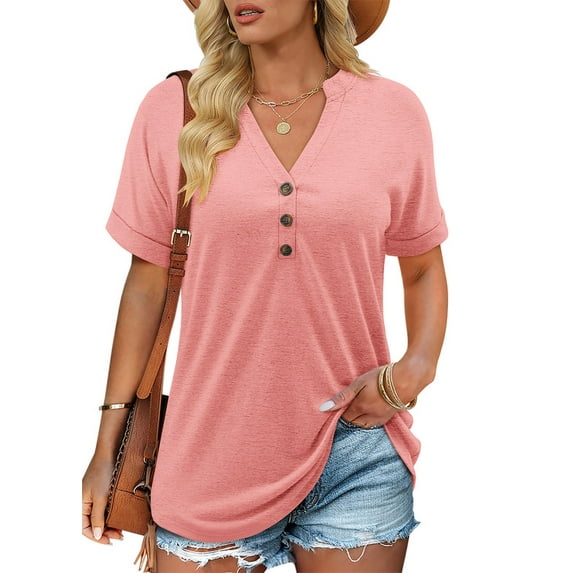 ONLYSHE Women's Summer Bottons V Neck T Shirts Blouses Short Short Sleeve Floral Tunic Tops