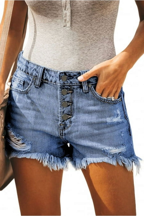 Women's Summer Casual Jean Shorts Stretchy Ripped Raw Hem Denim Shorts Blue