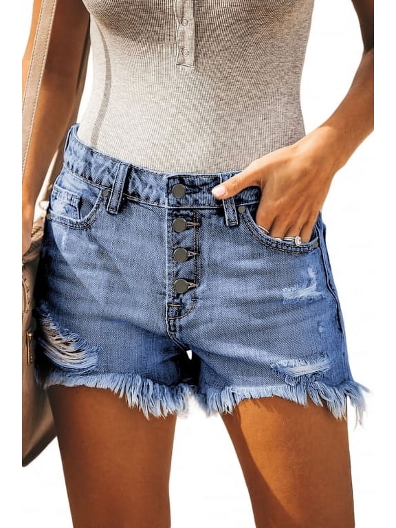 Women's Summer Casual Jean Shorts Stretchy Ripped Raw Hem Denim Shorts Blue