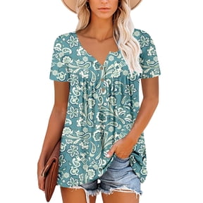 Fantaslook Womens Floral Summer Tunic Tops Casual Short Sleeve V Neck ...