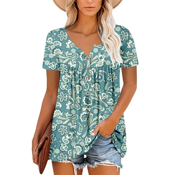 ONLYSHE Women's Summer Casual T-Shirt V-Neck Short Sleeve Tunic Tops Dressy Loose Blouse Pleated Shirt