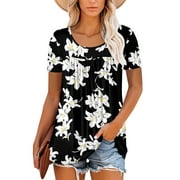 ONLYSHE Women's Summer Short Sleeve Tunic Tops O neck Summer Dressy Shirts Loose Fit Pleated Blouses