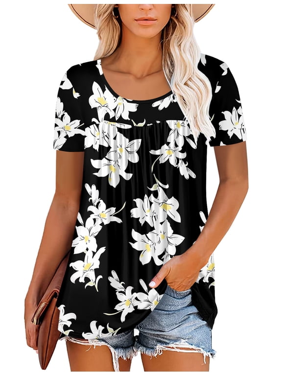 Women's Summer Short Sleeve Tunic Tops O neck Summer Dressy Shirts Loose Fit Pleated Blouses