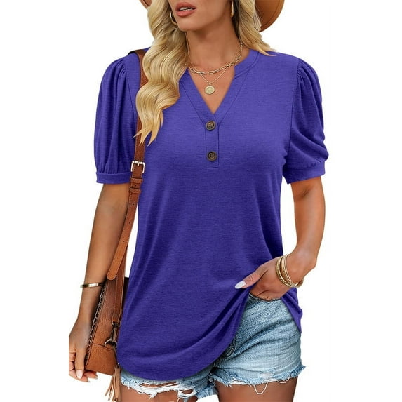 ONLYSHE Women's Summer V Neck T Shirts Blouses Puffed Short Sleeve Bottons Floral Tunic Tops