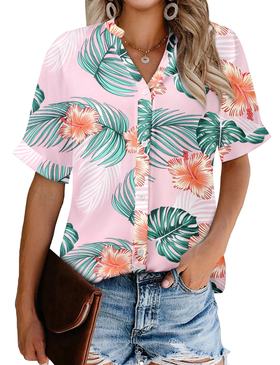 ONLYSHE Women's V Neck Loose Casual Short Sleeve Chiffon Top Batwing T