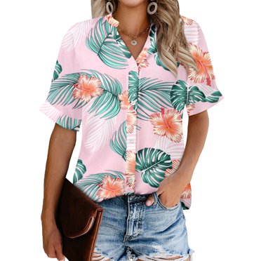 ONLYSHE Women's V Neck Loose Casual Short Sleeve Chiffon Top Batwing T-Shirt Button Up Blouse