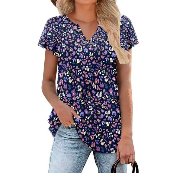 ONLYSHE Women's Wave Short Sleeve V Neck Summer Tunic Tops Loose Fit Blouse Casual T Shirt