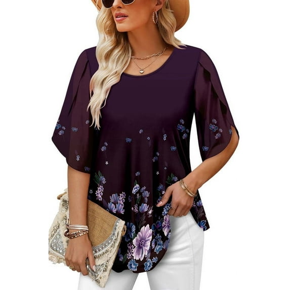 ONLYSHE Womens Crew Neck Flowy T Shirts Short Sleeve Pleated Ruffle Summer Tunic Tops Loose Fit Henley Blouse