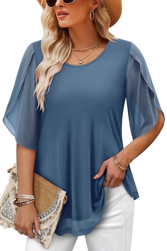 Womens Crew Neck Flowy T Shirts Short Sleeve Pleated Ruffle Summer Tunic Tops Loose Fit Henley Blouse