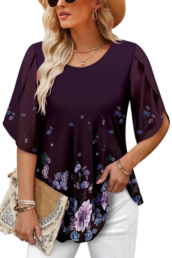 Womens Crew Neck Flowy T Shirts Short Sleeve Pleated Ruffle Summer Tunic Tops Loose Fit Henley Blouse