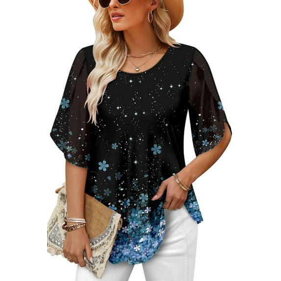 ONLYSHE Womens Crew Neck Flowy T Shirts Short Sleeve Pleated Ruffle Summer Tunic Tops Loose Fit Henley Blouse