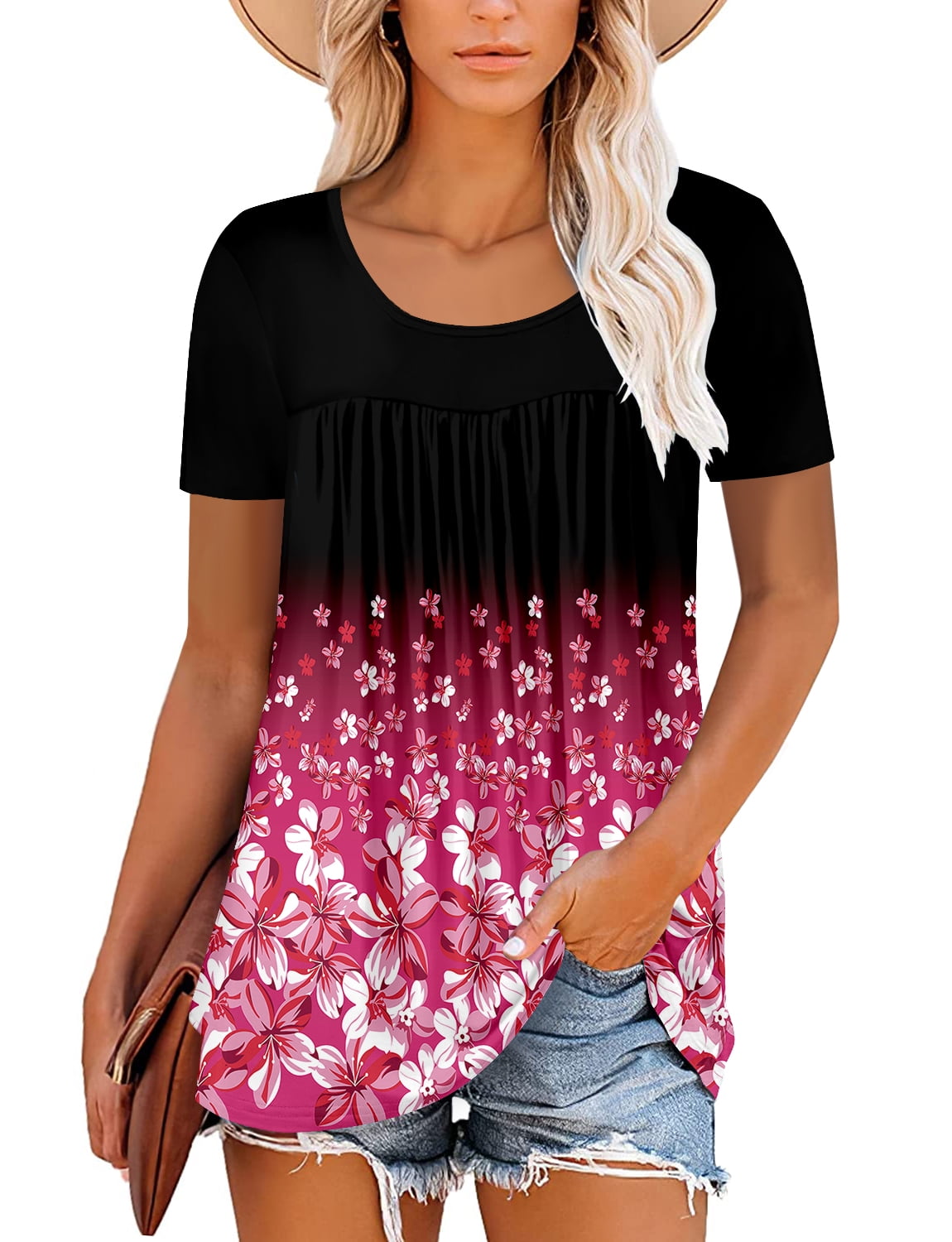 ONLYSHE Womens Crew Neck Tunic Tops Short Sleeve T Shirts Summer Flower ...