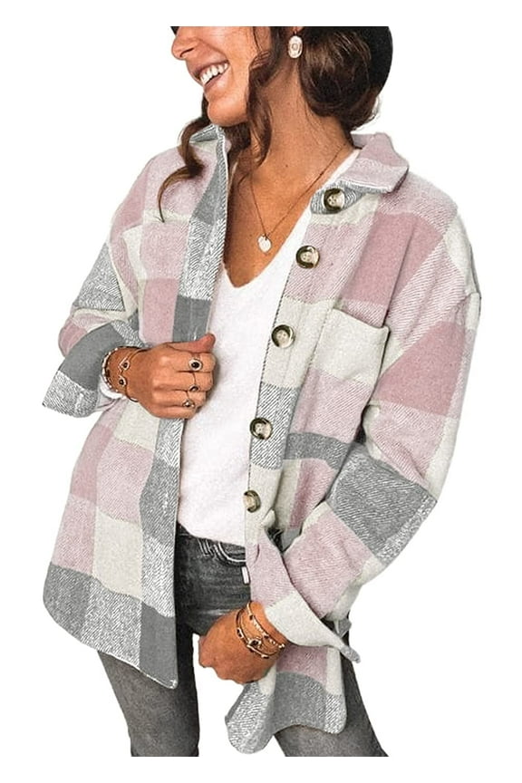 Women Shacket Jacket Blouse with Pockets Flannel Plaid Top Shirt Coat Lapel Long Sleeve Tartan Outerwear