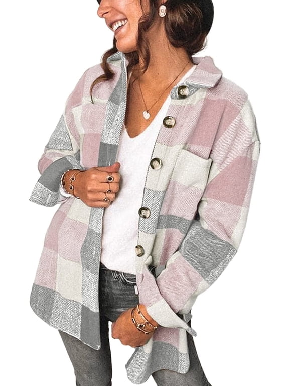 Women Shacket Jacket Blouse with Pockets Flannel Plaid Top Shirt Coat Lapel Long Sleeve Tartan Outerwear