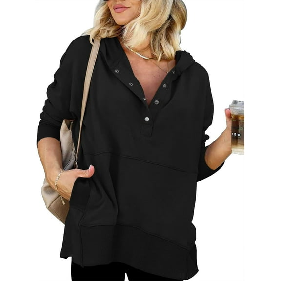ONLYSHE Womens Oversized Sweatshirts Hoodies Fleece Button Neck Hooded Tops Casual Pullover Tunics Winter Outfits