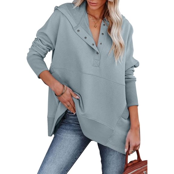 ONLYSHE Womens Oversized Sweatshirts Hoodies Fleece Button Neck Hooded Tops Casual Pullover Tunics Winter Outfits