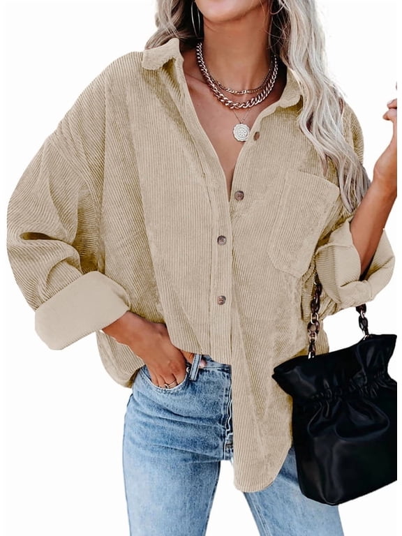 Womens Shacket Flannel Plain Jacket Button Down Dolman Sleeve Waffle Knit Corduroy Shirt Shacket Coats