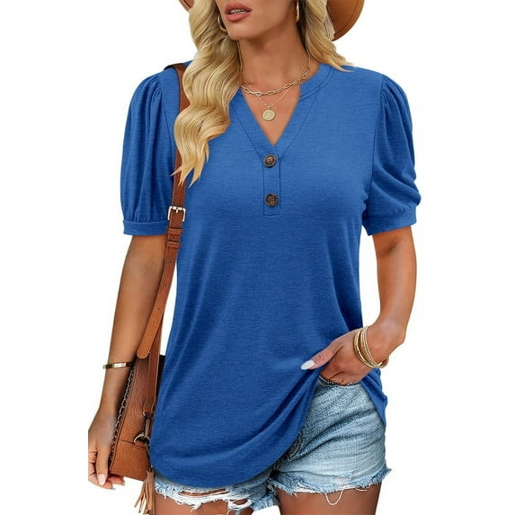 ONLYSHE Womens Summer Blouse Puff Short Sleeve V Neckline T Shirts Breathable Loose Fit Tunic Tops