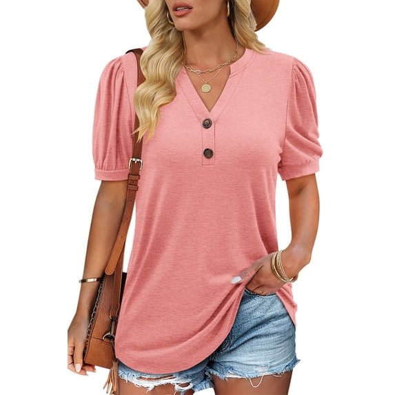 ONLYSHE Womens Summer Cute Henley Tunic Tops Short Sleeve Casual Loose Fit V-Neck T Shirts Blouse