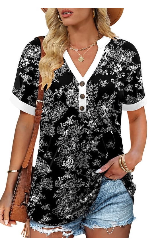 Womens Summer Cute V-Neck Henley Tunic Tops Short Sleeve Casual Loose Fit T Shirts Blouse