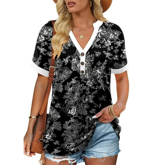 ONLYSHE Womens Summer Cute V-Neck Henley Tunic Tops Short Sleeve Casual Loose Fit T Shirts Blouse