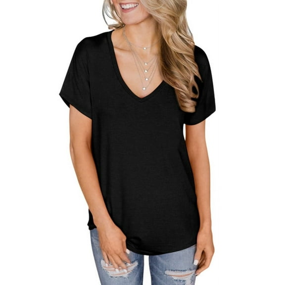 ONLYSHE Womens Summer V Neck T Shirts Short Sleeve Loose Fit Basic Tunic Tops Blouse
