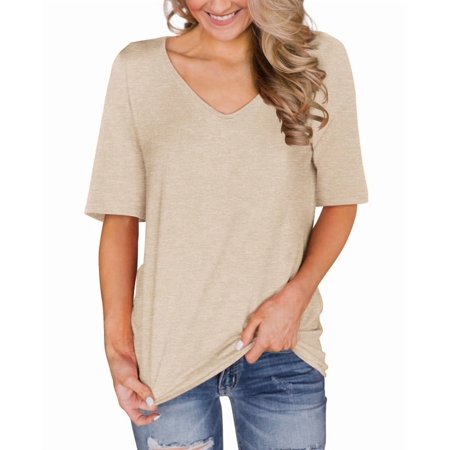 ONLYSHE Womens Summer V Neck T Shirts Short Sleeve Loose Fit Basic Tunic Tops Blouse