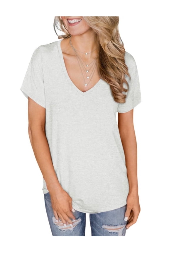 Womens Summer V Neck T Shirts Short Sleeve Loose Fit Basic Tunic Tops Blouse