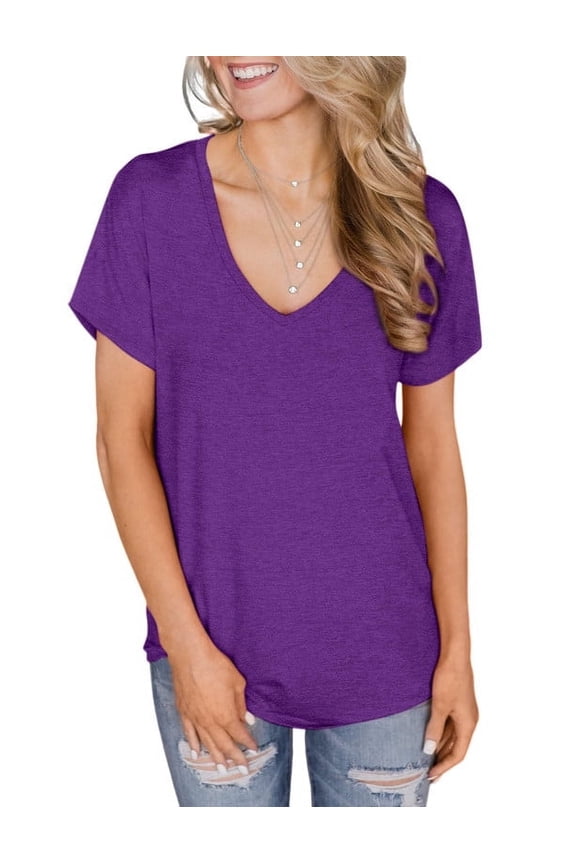 Womens Summer V Neck T Shirts Short Sleeve Loose Fit Basic Tunic Tops Blouse