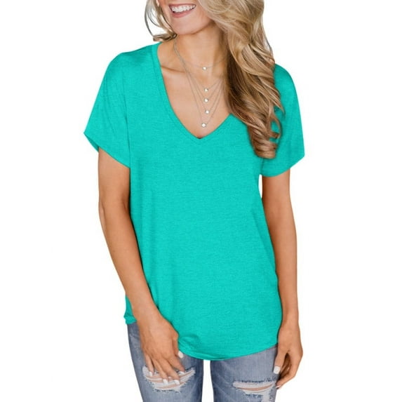 ONLYSHE Womens Summer V Neck T Shirts Short Sleeve Loose Fit Basic Tunic Tops Blouse