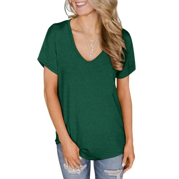 ONLYSHE Womens Summer V Neck T Shirts Short Sleeve Loose Fit Basic Tunic Tops Blouse