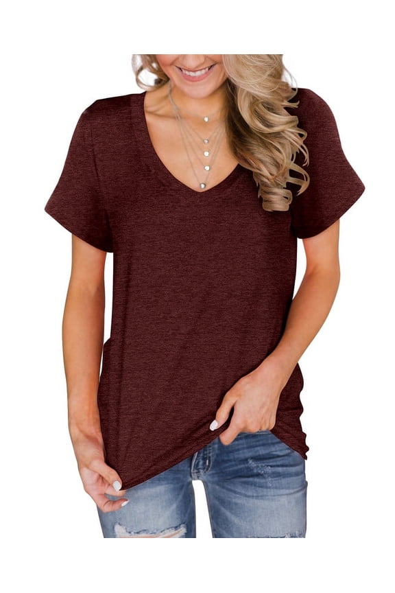 Womens Summer V Neck T Shirts Short Sleeve Loose Fit Basic Tunic Tops Blouse