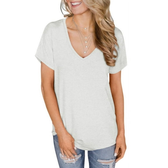 ONLYSHE Womens Summer V Neck T Shirts Short Sleeve Loose Fit Basic Tunic Tops Blouse