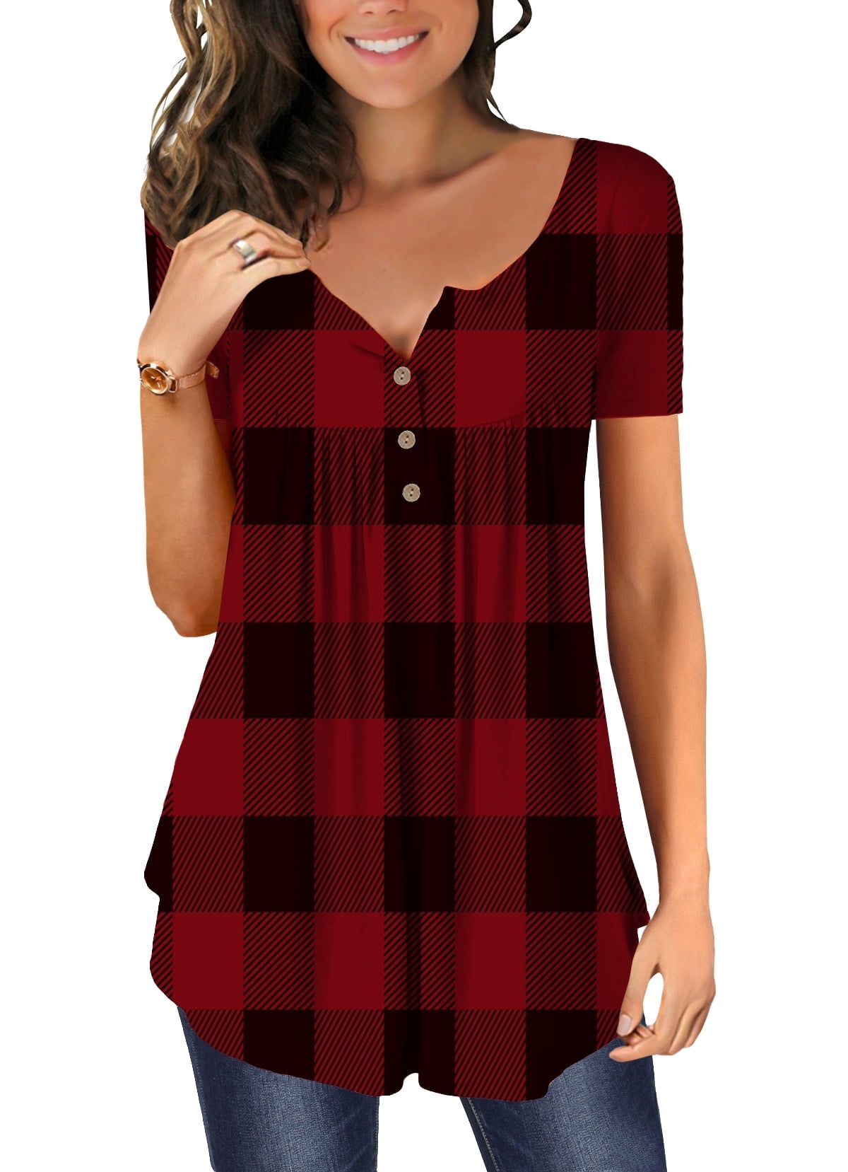 ONLYSHE Womens Tunic Tops Short Sleeve Henley T Shirts Dressy Flare ...