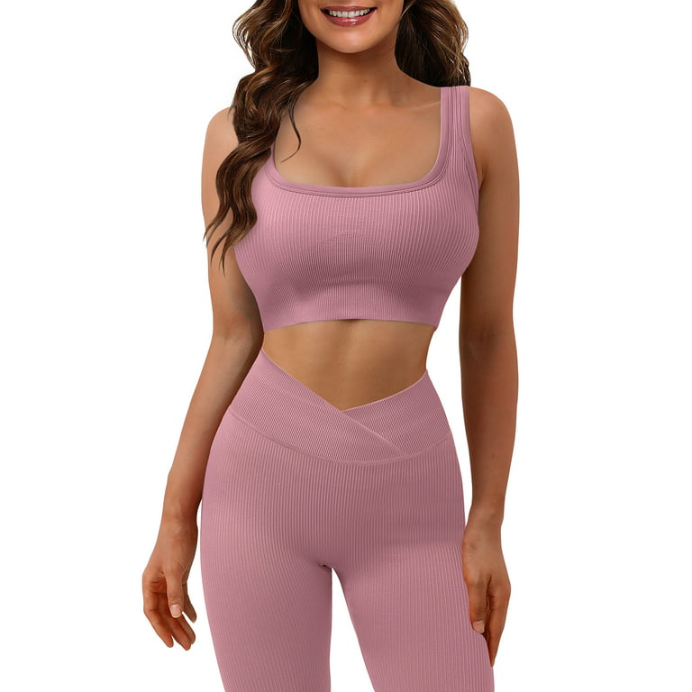 ONLYSHE Workout Outfits for Women 2 Piece Seamless Ribbed High Waist  Leggings with Sports Bra Exercise Leggings Sets
