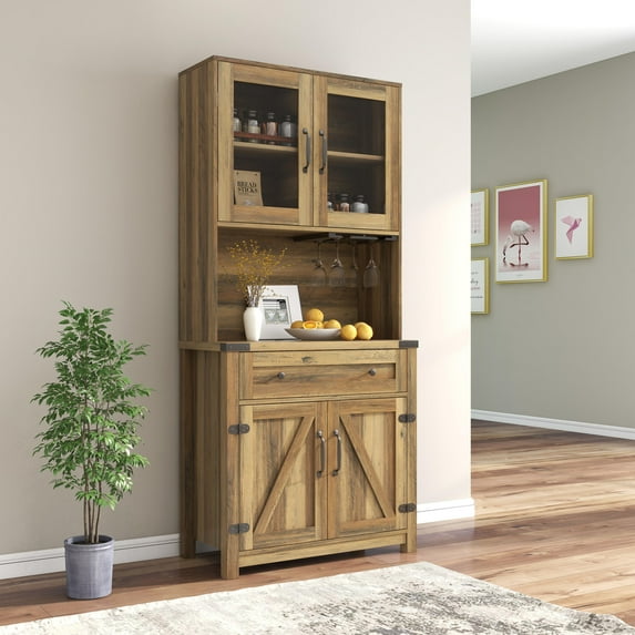 ONME Modern Farmhouse Double Barn Door Accent Bar Cabinet with Goblet Holder, Yellow Walnut