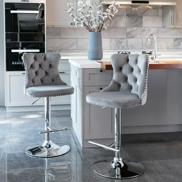 ONME Velvet Bar Stools , Adjustable 360 Degree Swivel Bar Stools with Back Sets of 2 for Home, Kitchen Island,Gray
