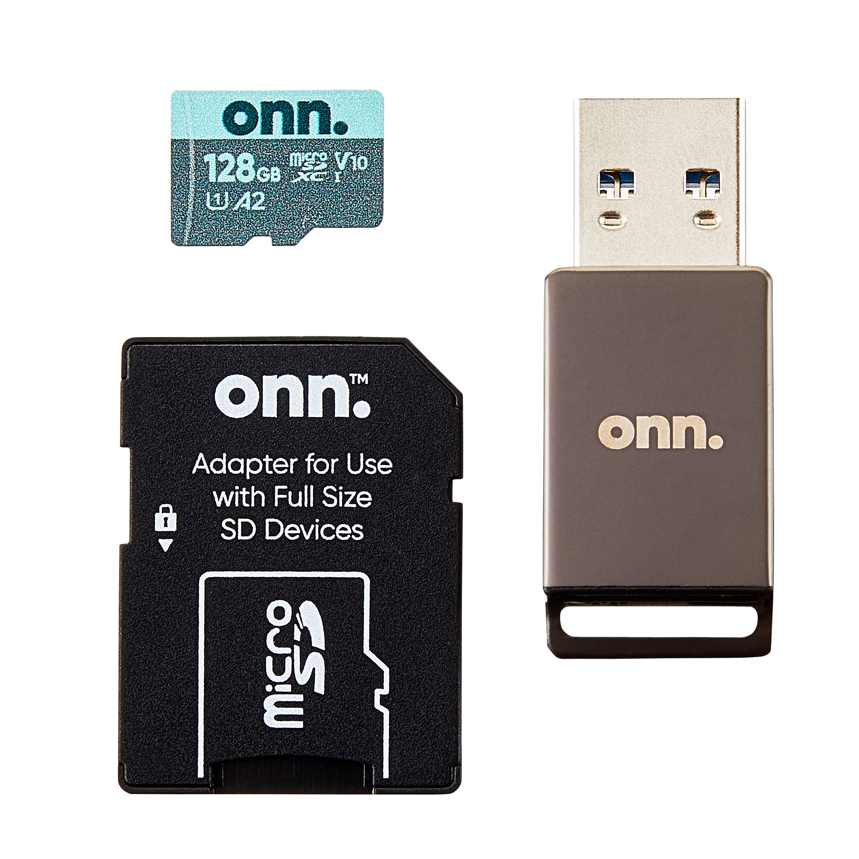 ONN 128GB PRO Class 10 U3 microSDXC Flash Memory Card + Reader Bundle