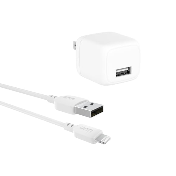 onn 12W Single USB-A Port Wall Charger with 3ft Lightning to USB Cable, MFI Certified, Foldable Plug, White
