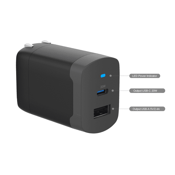 onn 32W Dual USB-C/USB-A Port Wall Charger, Fast Charging, USB IF Certified, Foldable Plug, Black
