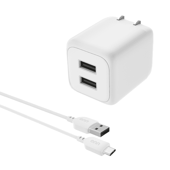onn 24W Two-Port USB-A Wall Charger with 3ft USB-A to USB-C cable, for Multiple Devices, Foldable Plug, iPhone charger, for iPhone 17/16/15/14/13/12/11/X series , Samsung, iPad, Airpods, and more