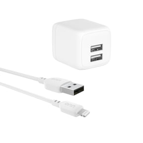 onn Dual USB-A Port 24W Wall Charger with 3ft Lightning to USB Cable, Foldable Plug, White