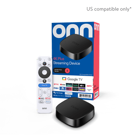 onn 4K Plus Streaming Device, Google TV - Ultra-fast Streaming, Stunning 4K UHD, 16GB Storage, 2GB RAM, Dolby Vision & Atmos, Remote with Voice Control